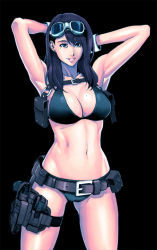 Rule 34 | 1girl, armpits, arms behind head, belt, bikini, black background, black bikini, black eyes, black hair, breasts, cleavage, earrings, gluteal fold, goggles, goggles on head, grin, jewelry, large breasts, lips, long hair, mole, mole on breast, navel, original, psychicjin, simple background, smile, solo, swept bangs, swimsuit, thigh strap