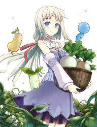 Rule 34 | 1girl, basket, blue eyes, circlet, creature, detached sleeves, dress, flower, katase yuu, lily of the valley, md5 mismatch, mist (rune factory), plant, ponytail, resolution mismatch, rune factory, rune factory 1, rune factory frontier, smile, solo, source smaller, tiara, turnip, white hair