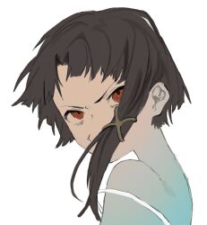 1girl asymmetrical_hair brown_hair center-flap_bangs commentary covered_mouth furrowed_brow hair_ornament hair_over_mouth highres igurumi_00128 iwakura_lain looking_back portrait red_eyes serial_experiments_lain short_hair_with_long_locks single_sidelock solo spaghetti_strap strap_slip v-shaped_eyebrows x_hair_ornament