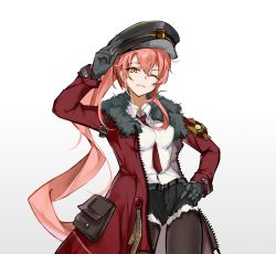 Rule 34 | 1girl, absurdres, bad id, bad pixiv id, black gloves, black pantyhose, black shorts, breasts, closed mouth, female commander (girls&#039; frontline), fur-trimmed jacket, fur collar, fur trim, girls&#039; frontline, gloves, griffin &amp; kryuger military uniform, hair between eyes, hair ornament, hand on own head, hand on own hip, hat, highres, jacket, karel von franz (girls&#039; frontline) (priest77), long hair, looking at viewer, medium breasts, military hat, necktie, one eye closed, open clothes, open jacket, original, pantyhose, pink hair, priest77, red jacket, red necktie, shirt, shorts, solo, standing, uniform, white background, white shirt, yellow eyes