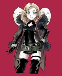 Rule 34 | 1girl, artemis (junketsu no maria), artemis (junketsu no maria) (bird), belt, bird, black footwear, blonde hair, blue eyes, boots, coat, cowboy shot, earrings, elbow gloves, gloves, halterneck, hand on own hip, junketsu no maria, laiku n, maria (junketsu no maria), owl, priapus (junketsu no maria), priapus (junketsu no maria) (bird), red background, short hair, sitting on shoulder, skindentation, smile, solo, thigh boots, thigh strap, thighhighs