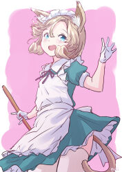 Rule 34 | alternate costume, animal ears, apron, blonde hair, blue eyes, cat ears, cat tail, cowboy shot, dress, enmaided, frilled apron, frills, fuji (pixiv24804665), gloves, green dress, highres, janus (kancolle), kantai collection, looking at viewer, maid, maid headdress, short hair, smile, tail, thighhighs, white apron, white gloves, white thighhighs