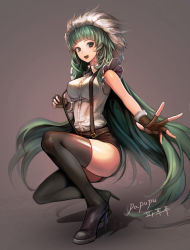 Rule 34 | 1girl, absurdres, artist name, bad id, bad pixiv id, black thighhighs, blouse, blunt bangs, blush, boots, breasts, brown gloves, colored eyelashes, dungeon and fighter, fingerless gloves, frilled shirt, frills, from side, full body, gloves, gradient background, green eyes, green hair, grey background, high heel boots, high heels, highres, large breasts, long hair, looking at viewer, open mouth, papupu, shirt, short shorts, shorts, signature, sleeveless, sleeveless shirt, smile, squatting, stiletto heels, suspenders, thighhighs, very long hair, white shirt