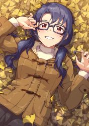 Rule 34 | 1girl, autumn, autumn leaves, black hair, brown jacket, commentary request, desutoroi, eyebrows hidden by hair, glasses, highres, idolmaster, idolmaster million live!, jacket, leaf, long hair, looking at viewer, low twintails, lying, on back, red eyes, smile, solo, takayama sayoko, twintails