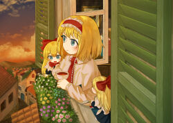 Rule 34 | 3girls, absurdres, alice margatroid, blonde hair, blue eyes, bow, building, capelet, cloud, cloudy sky, commentary request, cup, ekaapetto, flower, frilled hairband, frills, hair bow, hairband, highres, holding, holding cup, long hair, long sleeves, medium hair, multiple girls, open mouth, open window, red hairband, shanghai doll, sky, smile, sunset, tea, teacup, tile roof, touhou, white capelet, window, windowsill