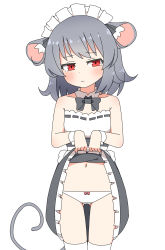Rule 34 | 1girl, alternate costume, animal ears, blush, bow, bow panties, bowtie, closed mouth, collar, commentary, cowboy shot, detached collar, dress, enmaided, flat chest, grey bow, grey bowtie, grey dress, grey hair, highres, lifted by self, looking at viewer, maid, maid headdress, mouse ears, mouse girl, mouse tail, navel, nazrin, nihohohi, panties, red bow, red eyes, short hair, simple background, solo, strapless, strapless dress, tail, thighhighs, touhou, two-tone dress, underwear, white background, white collar, white dress, white panties, white thighhighs, wrist cuffs