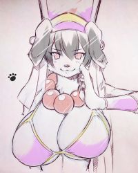 Rule 34 | 1girl, animal ears, animal nose, bead necklace, beads, bikini, breasts, closed mouth, commentary request, dog ears, dog girl, earrings, fate/grand order, fate (series), furrification, furry, furry female, hair between eyes, hat, highres, jewelry, large breasts, long hair, looking at viewer, necklace, purple bikini, purple hat, red eyes, smile, snout, solo, swimsuit, tsukareta san, upper body, xuangzang sanzang (fate)