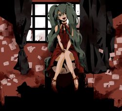 Rule 34 | 1girl, blood, crazy, creepy, dress, empty eyes, green eyes, green hair, hatsune miku, horiro, horror (theme), long hair, matching hair/eyes, red dress, rotten girl grotesque romance (vocaloid), sitting, smile, solo, twintails, very long hair, vocaloid, yandere