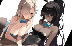 Rule 34 | 2girls, absurdres, angry, animal ears, asuna (blue archive), asuna (bunny) (blue archive), bare shoulders, black hair, black leotard, blonde hair, blue archive, blue bow, blue eyes, blue leotard, bow, breasts, cleavage, collarbone, commentary request, dark skin, detached collar, fake animal ears, fishnets, hair bow, hair over one eye, hanging breasts, highres, karin (blue archive), karin (bunny) (blue archive), korean commentary, large breasts, leotard, long hair, looking at viewer, mole, mole on breast, multiple girls, pantyhose, playboy bunny, pro-p, simple background, tareme, tsurime, white background, yellow eyes