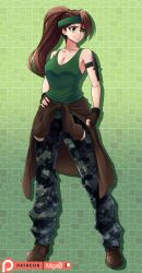Rule 34 | 1girl, absurdres, arm holster, artist name, boots, borrowed character, breasts, brown eyes, brown footwear, brown hair, camouflage, camouflage pants, cleavage, clenched hand, clothes around waist, collarbone, fingerless gloves, gloves, green headband, green tank top, hand on own hip, headband, highres, jacket, jacket around waist, knife, knife sheath, knife sheath, large breasts, mgx0, original, pants, patreon logo, ponytail, sheath, smile, solo, tank top, v-shaped eyebrows, watermark