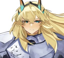 Rule 34 | 1girl, armor, barghest (fate), barghest (first ascension) (fate), blonde hair, blue eyes, breastplate, closed mouth, crossed bangs, expressionless, fate/grand order, fate (series), hair between eyes, heterochromia, highres, horns, long hair, looking at viewer, obazzotto, orange eyes, outdoors, pauldrons, portrait, shoulder armor, solo, white background