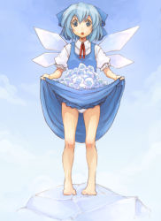 Rule 34 | 1girl, :o, bad id, bad pixiv id, barefoot, blue eyes, blue hair, bow, cirno, dress, female focus, frog, frozen, frozen frog, full body, ice, looking down, matching hair/eyes, ofuro mantarou, open mouth, outdoors, panties, skirt basket, sky, solo, standing, touhou, underwear, wings