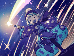 Rule 34 | 1girl, ascot, black headwear, black pantyhose, blonde hair, blue hair, blue shirt, blue skirt, blue sky, commentary, closed eyes, full body, funuyu, happy, highres, holding, holding wand, leg up, limited palette, meteor shower, multicolored hair, night, night sky, open mouth, original, outdoors, pantyhose, pom pom (clothes), robe, shirt, shooting star, skirt, sky, smile, solo, star (symbol), star print, streaked hair, teeth, tongue, twitter username, upper teeth only, wand