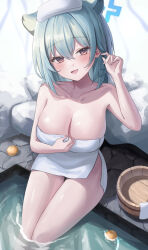 Rule 34 | 1girl, blue archive, blue halo, blush, breasts, brown eyes, cleavage, collarbone, food, fruit, green hair, hair between eyes, halo, highres, large breasts, looking at viewer, medium hair, naked towel, official alternate costume, onsen, open mouth, shigure (blue archive), shigure (hot spring) (blue archive), sitting, smile, solo, towel, water, white towel, yam s2, yuzu (fruit)