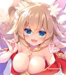 Rule 34 | 1girl, :d, animal ear fluff, animal ears, backlighting, blonde hair, blurry, blurry background, blush, breasts, cleavage, commentary request, depth of field, fang, fox ears, fox girl, fox shadow puppet, fox tail, hair between eyes, heart, inaho (world flipper), large breasts, long hair, looking at viewer, nanamomo rio, off shoulder, open mouth, smile, solo, tail, thick eyebrows, twitter username, world flipper