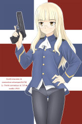 Rule 34 | 1girl, bad id, bad pixiv id, crotch seam, glasses, gun, handgun, highres, panties, panties under pantyhose, pantyhose, perrine h. clostermann, semi-automatic firearm, solo, strike witches, takafumi, trigger discipline, underwear, weapon, world witches series