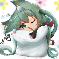 Rule 34 | 1girl, ;d, absurdres, animal ears, aqua eyes, black skirt, bow, cat ears, cat girl, cat tail, chibi, chinese commentary, commentary, fang, floral background, green hair, hair bow, hatsune miku, highres, kemonomimi mode, long hair, long sleeves, hugging object, one eye closed, open mouth, pillow, pillow hug, pleated skirt, red bow, signature, skirt, sleeves past wrists, smile, solo, tail, very long hair, vocaloid, white background, wide sleeves, xiaoyu