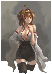 Rule 34 | 10s, 1girl, ahoge, ant (fenixant), bare shoulders, black skirt, black thighhighs, breasts, brown eyes, brown hair, cleavage, cowboy shot, detached sleeves, double bun, female focus, finger to own chin, gradient background, grey background, hair bun, hairband, hand on own hip, headgear, highres, japanese clothes, kantai collection, kongou (kancolle), large breasts, lips, long hair, long sleeves, nontraditional miko, open mouth, skirt, smile, solo, thighhighs, wide sleeves