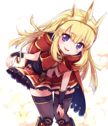Rule 34 | 10s, 1girl, ayakashi (monkeypanch), black thighhighs, blonde hair, blush, bracelet, cagliostro (granblue fantasy), cape, clothes lift, crown, granblue fantasy, hairband, hand on own knee, highres, jewelry, leaning forward, long hair, looking at viewer, open mouth, purple eyes, skirt, skirt lift, smile, solo, thighhighs