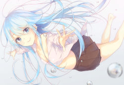Rule 34 | 10s, 1girl, barefoot, blue eyes, blue hair, breasts, bubble, cleavage, denpa onna to seishun otoko, foreshortening, la-na, long hair, matching hair/eyes, off shoulder, outstretched arms, skirt, small breasts, smile, solo, spread arms, touwa erio