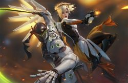 Rule 34 | 1boy, 1girl, armor, artist name, blizzard (company), blonde hair, blue eyes, blurry, blurry background, bodysuit, brown legwear, commission, faulds, from side, genji (overwatch), glowing, glowing wings, gun, hair tie, halo, helmet, high ponytail, holding, holding weapon, katana, long hair, looking at another, mask, mechanical halo, mechanical wings, mercy (overwatch), nose, open mouth, overwatch, overwatch 1, pelvic curtain, raikoart, robot, spread wings, standing, sword, visor, weapon, wings, yellow wings