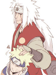 Rule 34 | 2boys, asutora, blonde hair, closed eyes, closed mouth, commentary request, forehead protector, hand on another&#039;s head, highres, japanese clothes, jiraiya (naruto), konohagakure symbol, looking at another, male focus, multiple boys, naruto, naruto (series), short hair, simple background, smile, uzumaki naruto, white background, white hair