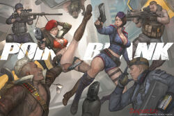 Rule 34 | 3girls, 4boys, assault rifle, beret, boots, breasts, explosive, goggles, grenade, gun, handgun, hat, highres, holding, holding gun, holding weapon, large breasts, looking at another, looking at viewer, multiple boys, multiple girls, namgwon lee, official art, point blank (game), pointing gun, rifle, shorts, sniper rifle, undercut, weapon