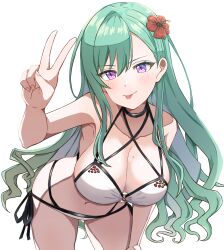 Rule 34 | 1girl, :p, armpits, bent over, bikini, blush, breasts, criss-cross halter, flower, green hair, hair behind ear, halterneck, hibiscus, highres, keikesu, large breasts, long hair, looking at viewer, mole, mole on breast, navel, o-ring, o-ring bikini, o-ring top, purple eyes, red flower, side-tie bikini bottom, simple background, smile, solo, swept bangs, swimsuit, tongue, tongue out, v, very long hair, virtual youtuber, vspo!, white background, white bikini, yakumo beni, yakumo beni (summer c102)