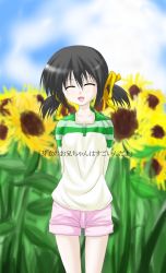 Rule 34 | 00s, black hair, casual, clannad, daiki, denim, denim shorts, closed eyes, flower, happy state, highres, shorts, solo, sunflower, sunohara mei, translation request, twintails