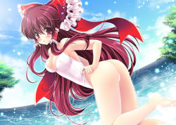 Rule 34 | 1girl, :o, adjusting clothes, adjusting swimsuit, ahoge, ass, bare shoulders, barefoot, blush, bow, breasts, brown hair, cleavage, day, covered erect nipples, female focus, fisheye, hair bow, hair tubes, hakurei reimu, light particles, long hair, medium breasts, one-piece swimsuit, one-piece thong, panties, red eyes, sakurano ru, sky, solo, swimsuit, thong, touhou, underwear, water, white one-piece swimsuit