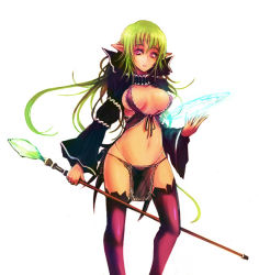 Rule 34 | 1girl, breasts, cleavage, front-tie top, green hair, kara (color), large breasts, lingerie, long hair, magic circle, midriff, navel, original, pink eyes, pointy ears, solo, staff, thighhighs, underwear