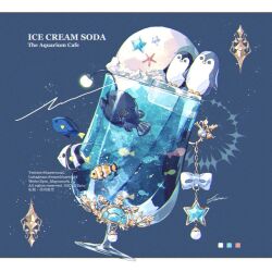 Rule 34 | anglerfish, animal focus, bird, blue background, blue bow, border, bow, chain, clownfish, color guide, commentary request, english text, fish, food, food focus, glass, gold chain, gold trim, highres, ice cream, ice cream float, instagram username, letterboxed, no humans, original, penguin, signature, soda, spin mayumura, star (symbol), too many, too many fish, twitter username, weibo watermark, white border