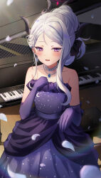 Rule 34 | 1girl, absurdres, bare shoulders, blue archive, dress, elbow gloves, gloves, highres, hina (blue archive), hina (dress) (blue archive), looking at viewer, m0 0m c, purple dress, purple eyes, solo, strapless, strapless dress, white hair