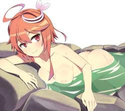 Rule 34 | 10s, 1girl, ahoge, ass, blush, breast press, breasts, caryo, collarbone, hair ornament, i-58 (kancolle), kantai collection, looking at viewer, lying, nanashino, nude, on side, onsen, pink hair, red eyes, short hair, simple background, smile, solo, wet, white background