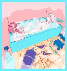 Rule 34 | 2girls, ahoge, amane kanata, anal tail, angel, asacoco, backwards hat, baseball cap, bath stool, bathing, bathroom, bathtub, blonde hair, blue border, blue hair, border, butt plug, closed eyes, collarbone, colored inner hair, commentary, commentary request, completely nude, convenient censoring, detached horns, detached tail, doukyo&#039;s, dragon girl, dragon horns, dragon tail, facing another, fake tail, flat chest, ginzuchi, halo, hands on own knees, hat, highres, hololive, horns, indoors, kiryu coco, knees up, legs together, long hair, medium hair, multicolored hair, multiple girls, nude, orange hair, parted lips, partially submerged, pink hair, pointy ears, rosen-tai, rubber duck, same-sex bathing, sex toy, shared bathing, short hair, shower head, silver hair, single hair intake, sitting, soap bottle, spill, spread legs, star halo, steam, stool, streaked hair, subaru duck, symbol-only commentary, tail, tile floor, tiles, towel, towel rack, virtual youtuber, water, wide shot