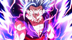 Rule 34 | 1boy, aura, battle damage, closed mouth, dougi, dragon ball, dragon ball super, dragon ball super super hero, electricity, gohan beast, grey hair, looking at viewer, male focus, muscular, muscular male, red eyes, red sash, rom (20), sash, serious, solo, son gohan, standing, torn clothes