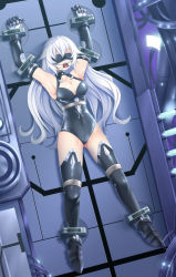 Rule 34 | &gt;:(, 1girl, angry, armor, armored boots, armpits, arms up, bare shoulders, bdsm, bit gag, black gloves, black heart (neptunia), black leotard, black thighhighs, blindfold, blue eyes, bondage, boots, bound, bound ankles, bound arms, bound legs, bound torso, bound wrists, bracer, breasts, cable, cleavage, cleavage cutout, clenched hands, clothing cutout, collarbone, covered collarbone, covered eyes, covered navel, dutch angle, elbow gloves, flipped hair, frown, full body, furrowed brow, gag, gagged, gloves, glowing, halterneck, hip focus, indoors, leotard, long hair, looking at viewer, magical girl, medium breasts, neptune (series), noire (neptunia), parted bangs, restrained, shadow, shiny clothes, skin tight, solo, spread legs, stationary restraints, symbol-shaped pupils, thighhighs, thighs, turtleneck, v-shaped eyebrows, very long hair, wavy hair, white hair, yasume yukito