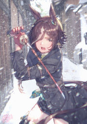 Rule 34 | 1girl, animal ears, arm belt, belt, blurry, blurry background, day, gloves, hair over one eye, highres, holding, holding sword, holding weapon, horse ears, horse girl, katana, long sleeves, outdoors, paayan (hagakinorock54), red gloves, snow, snowing, solo, standing, sword, tail, umamusume, vodka (umamusume), weapon