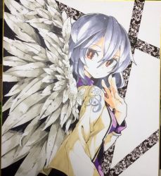 Rule 34 | 1girl, angel wings, aoi kujira, dress, jacket, kishin sagume, long sleeves, looking at viewer, looking back, marker (medium), open clothes, open jacket, purple dress, red eyes, red pupils, shikishi, silver hair, solo, touhou, traditional media, wings