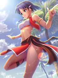 Rule 34 | 1990s (style), 1girl, armband, bandeau, bare shoulders, bob cut, bracelet, breasts, cloud, cross-laced footwear, cross-laced sandals, dark skin, dark-skinned female, day, dutch angle, earrings, from below, fushigi no umi no nadia, green eyes, guang yiren, hair ornament, hairclip, hoop earrings, jewelry, leg lift, leg up, lens flare, light smile, loincloth, medium breasts, midriff, nadia la arwall, navel, neck ring, necklace, outstretched arms, palm tree, panties, pantyshot, pelvic curtain, purple hair, retro artstyle, short hair, sky, solo, standing, standing on one leg, strapless, sun, tan, tree, tube top, underboob, underwear, vest