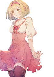 Rule 34 | 1girl, a082, blonde hair, blush, bow, breasts, brown eyes, brown thighhighs, cowboy shot, djeeta (granblue fantasy), dress, granblue fantasy, hair ornament, hairband, looking away, medium breasts, own hands together, puffy short sleeves, puffy sleeves, ribbon, short hair, short sleeves, simple background, smile, solo, thighhighs, white background