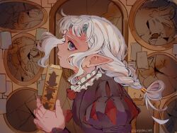 Rule 34 | 1boy, androgynous, book, braid, braided ponytail, broken glass, crack, cracked glass, dark-skinned male, dark elf, dark skin, dungeon meshi, elf, glass, grimoire, highres, holding, holding book, jester costume, long hair, long sleeves, looking at viewer, male focus, neck ruff, parted lips, picture frame, pointy ears, portrait, profile, puff and slash sleeves, puffy sleeves, purple eyes, purple tunic, shattered, short bangs, sidelocks, single braid, solo, thistle (dungeon meshi), wavy hair, white hair, zoe (iea1je1dqv13697)