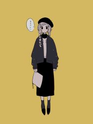 Rule 34 | 1girl, bag, beret, braid, cardigan, full body, hair ornament, hairclip, hat, highres, holding, holding bag, long hair, long skirt, long sleeves, looking at viewer, maco22, original, skirt, socks, solo, translation request, twin braids, yellow background