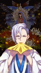 Rule 34 | 1boy, artist name, asymmetrical hair, dated, earrings, flower, gold, grey eyes, grey hair, hair between eyes, hands up, highres, japanese clothes, jewelry, kimono, looking at viewer, male focus, mouth hold, revenger, spider lily, upper body, usui yuen, virgin mary, white hair, yatarou (yataro0730)