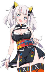 Rule 34 | 1girl, :d, black dress, blue eyes, blunt bangs, breasts, cleavage, cleavage cutout, clothing cutout, dress, hair ornament, ixy, kaguya luna, large breasts, obi, open mouth, ribbon, sash, silver hair, sleeveless, sleeveless dress, smile, solo, the moon studio, thighs, twintails, virtual youtuber, white ribbon, wrist ribbon, x hair ornament