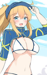 Rule 34 | 1girl, :d, absurdres, adjusting clothes, adjusting headwear, ahoge, arm up, artoria pendragon (fate), baseball cap, bikini, blonde hair, blue eyes, blue hat, blue jacket, blue sky, blush, breasts, cleavage, cropped jacket, day, fate/grand order, fate (series), hair between eyes, hair through headwear, hat, highres, jacket, large breasts, long hair, looking at viewer, moyoron, mysterious heroine x (fate), mysterious heroine xx (fate), navel, open mouth, outdoors, short sleeves, shrug (clothing), sidelocks, sky, smile, solo, swimsuit, tentacles, white bikini
