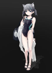 Rule 34 | 1girl, absurdres, animal ear fluff, animal ears, bad id, bad pixiv id, bag, black background, black one-piece swimsuit, blue archive, blue eyes, breasts, chinese commentary, commentary request, competition swimsuit, covered navel, cross hair ornament, extra ears, full body, gradient background, grey hair, hair ornament, halo, highres, low ponytail, medium breasts, medium hair, mismatched pupils, multicolored clothes, multicolored swimsuit, one-piece swimsuit, san mawei, sandals, shiroko (blue archive), shiroko (swimsuit) (blue archive), solo, standing, swimsuit