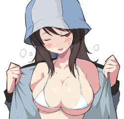 Rule 34 | 1girl, :3, bikini, blush, breasts, brown eyes, brown hair, cleavage, girls und panzer, hat, highres, jacket, keizoku military uniform, large breasts, long hair, micro bikini, mika (girls und panzer), military, military uniform, one eye closed, open mouth, simple background, smile, solo, sweat, swimsuit, track jacket, uniform, upper body, white background, white bikini, yabai gorilla