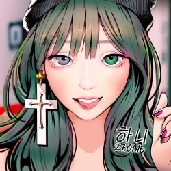 Rule 34 | 1girl, alcoholrang, black hat, blurry, blurry background, chromatic aberration, commentary, cross, cross earrings, dated, earrings, english commentary, engrish commentary, exid, eye focus, eyebrows hidden by hair, eyelashes, green eyes, green hair, half-closed eyes, hand up, hani (exid), hat, heterochromia, jewelry, korean text, lips, long hair, looking at viewer, nail polish, pink nails, portrait, realistic, ribbed hat, solo, teeth, tongue, tongue out, upper teeth only, wavy hair