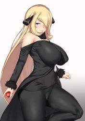 Rule 34 | 1girl, aster crowley, bare shoulders, blonde hair, blue eyes, breasts, creatures (company), curvy, cynthia (pokemon), dress, game freak, hair ornament, hair over one eye, highres, hip focus, huge breasts, leg lift, long hair, looking at viewer, nintendo, poke ball, pokemon, pokemon dppt, simple background, solo, standing, standing on one leg, thick thighs, thighs, very long hair, white background